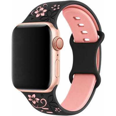 123watches Livia bloemen print bandje - siliconen - zwart - 38 · 40 · 41 & 42 mm - Geschikt voor Apple Watch series 1/2/3/4/5/6/7/8/9/10/11/12/SE/SE2/SE3