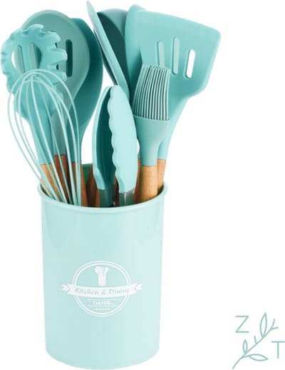 ZijTak - Keukenset -Keukengerei set - Groen Blauw - 12 stuks - Soeplepel - Ronde Schuimspaan - Tang - Wokspaan - Spatel - Spaghettilepel - Opscheplepel - Insmeerborstel - Garde - Pannenlikker - Hout - Silicone