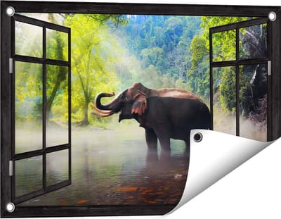 Gards Tuinposter Doorkijk Olifant in het Water - 60x40 cm - Tuindoek - Tuindecoratie - Wanddecoratie buiten - Tuinschilderij