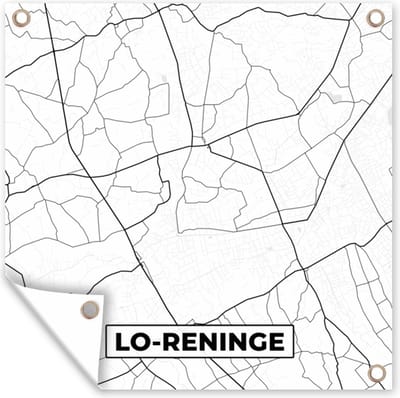 Tuin poster België – Lo Reninge – Stadskaart – Kaart – Zwart Wit – Plattegrond - 200x200 cm - Tuindoek
