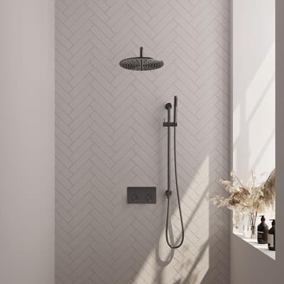 Brauer Gunmetal Edition Thermostatische Regendoucheset Inbouw - Hoofddouche 30 cm - Gebogen Wandarm - Met Drukknoppen - Handdouche Staaf - Doucheslang - Geintegreerde Glijstang - Gunmetal