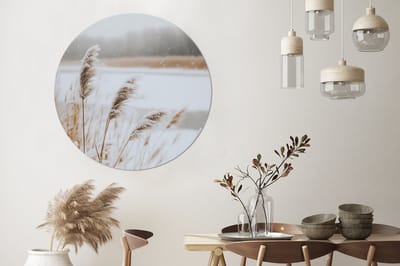 WallCircle - Wandcirkel - Muurcirkel - Riet - Meer - Winter - Natuur - Sneeuw - Beige - Aluminium - Dibond - 120x120 cm - Binnen en Buiten XXL