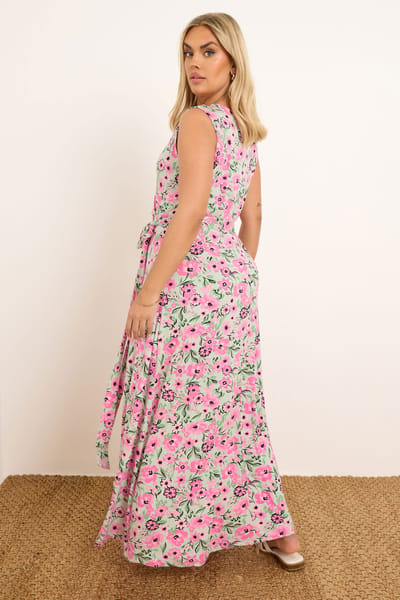 Yours Maxi Jurk Met Bloemenmotief En Omslag In Roze/Lichtgroen Size 48