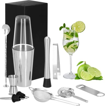 Springos Cocktail Set | 11-Delige Cocktail Shaker Set | Inclusief Cadeauverpakking | RVS | Zilverkleurig