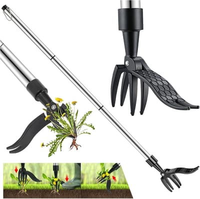 100 cm lange staande onkruidtrekker met voetpedaal – 3 roestvrijstalen klauwen, aluminium steel, complete wortelverwijdering zonder bukken