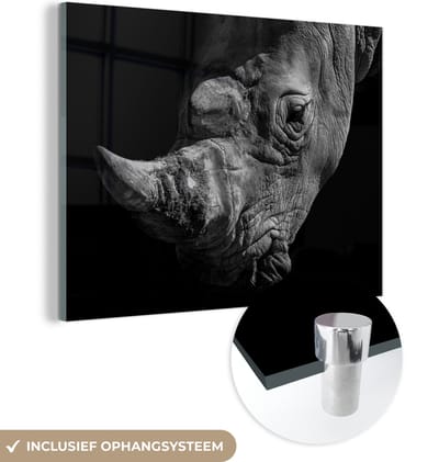 MuchoWow® Glasschilderij 160x120 cm - Schilderij acrylglas - Neushoorn - Wild dier - Portret - Foto op glas - Schilderijen