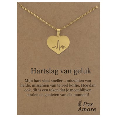 Stainless Steel Hartje met Levenslijn ketting op Cadeau Kaartje - Hartslag van geluk - 45cm Goudkleurig Roestvrij Staal - Pax Amare