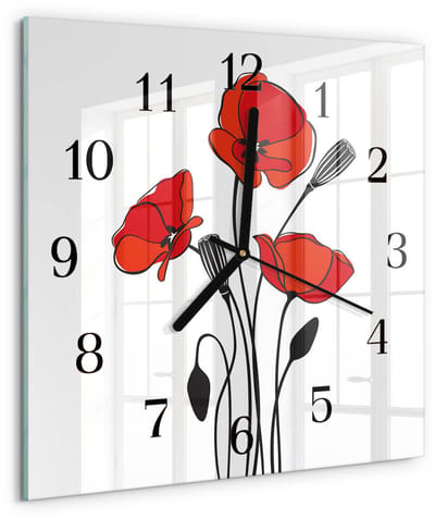 Tulup Wandklok - Papaver Moderne Glazen Wandklok - 30x30 cm - Rood Wandklok Glas Met Motief - Zwarte Handen - Vierkante Wandklok - Wandklok Glas Met Motief - Decoratieve Glazen Klok
