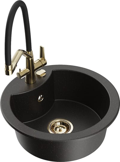 Mexen Diego granieten spoelbak met 1 bak, keukenmengkraan Duo, zwart/goud metallic - 6512-75-671701-57-G