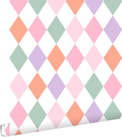 ESTAhome behang ruitjes lila paars, oranje en roze - 50 x 900 cm - 131765