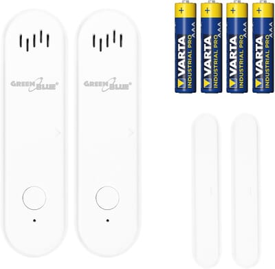 GreenBlue - Tuya slimme wifi- deur en raamsensor 2 stuks - Draadloze reedschakelaar - Alarm - WiFi-openingssensor -3,0 V DC, LR03x2, GB478 + 4x AAA-alkalinebatterij
