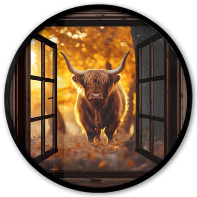 Poster in lijst Rond - Fotolijst 40x40 cm - Posters - Schotse hooglander - Bos - Herfst - Dieren - Natuur - Bladeren - Doorkijk - Ronde posterlijst zwart - Decoratie - Wanddecoratie woonkamer - Muurdecoratie slaapkamer