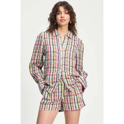 POM Amsterdam Blouse - Brushwork Check Linen Größe: 34 | Blusen Outlet | Damen | Weiß