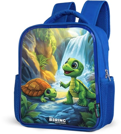NoBoringSuitcases.com® - Rugzak blauw - Schooltas jongens - Schildpad en dino bij waterval in tropisch bos - Kinder rugtas jongen - Boekentas kind - Kinderrugzak voor school - Schoolrugzak