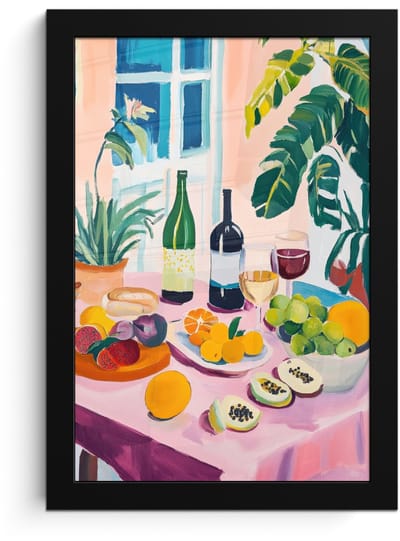 Poster in lijst - Fotolijst 20x30 cm - Posters - Tafel - Wijn - Fruit - Posterlijst zwart - Decoratie - Wanddecoratie woonkamer - Muurdecoratie slaapkamer