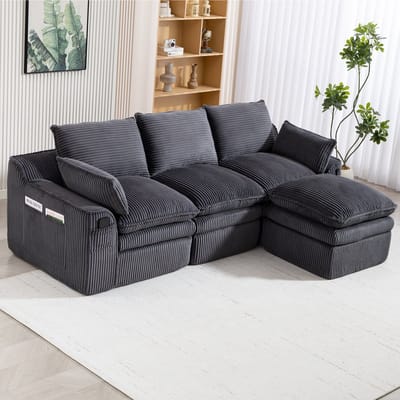 OKWISH Hoekbank 263 x 167 cm - Modulair 3-Zits Met Hocker En Zijvakken - Voor Woonkamer Of Kantoor - Corduroy - Donkergrijs