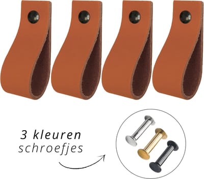 Handles and more - 4x Leren handgrepen - lusjes - Cognac - XS (12,6cm) - incl. 3 kleuren schroefjes (handgreepjes - leren greepjes - leren lusjes)