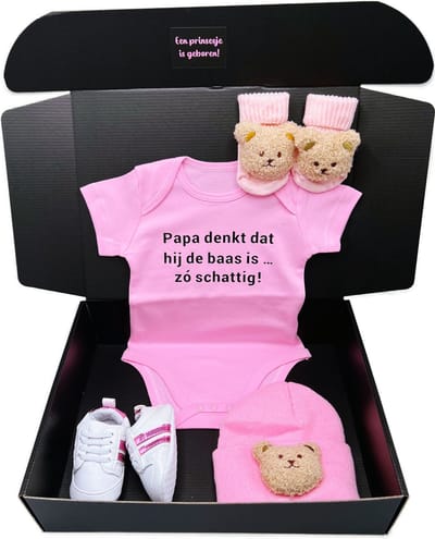 Kraamcadeau, kraamcadeau meisje, geboortecadeau met roze romper, babysokjes en babymuts - keuze uit 3 rompers - kan ook rechtstreeks worden verstuurd, cadeau babyshower, cadeau gender reveal