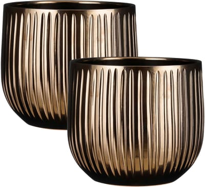 Mica Decorations Plantenpot - 2x - keramiek - brons glans / ribbels - D29 x H25 cm - bloempot Pablo