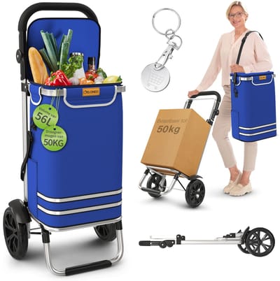 ELONEO boodschappentrolley opvouwbaar, boodschappentrolley met koelvak, 3-in-1 trolley, steekwagen & schoudertas - blauw