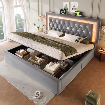 MODENUIT Gestoffeerd bed 140x200 cm – Ledverlichting en USB-C laadpoort – Hydraulische opbergruimte – Zonder matras – Grijs