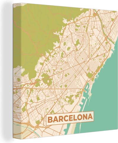 Canvas Schilderij Kaart - Barcelona - Stadskaart - Vintage - Plattegrond - 20x20 cm - Wanddecoratie