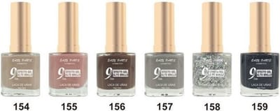 Easy Paris - Set met 6 Flesjes Nagellak - Beige/Oud Roze/Bruin/Grijs/Transparant met bladzilver/Zwart met zilver mini glitters - Inhoud per flesje 13 ml.