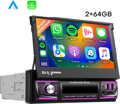 Boscer 1Din Autoradio - Android 15 - Apple Carplay & Android Auto (Draadloos) - 2+64GB - 7 Inch IPS HD Handmatig Klapscherm - Navigatiesysteem - Bluetooth, Aux, USB, SD & MP5 - GPS - WIFI - Achteruitrijcamera & Microfoon