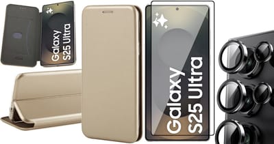 Hoesje geschikt voor Samsung Galaxy S25 Ultra - Screenprotector Glas & Camera - Wallet Book Case Goud