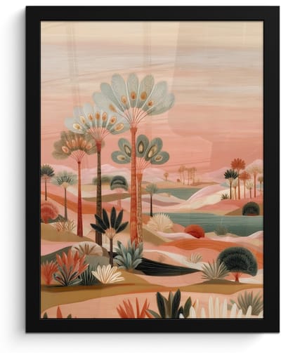 Poster in lijst - Fotolijst 30x40 cm - Posters - Roze landschap - Palmen - Water - Posterlijst zwart - Decoratie - Wanddecoratie woonkamer - Muurdecoratie slaapkamer