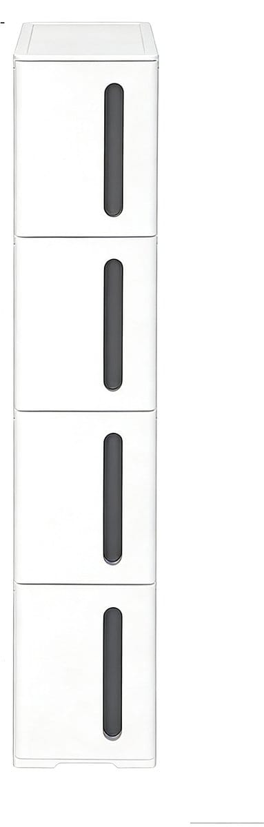 Opbergkast smal met wielen,45 x 17 x 83 cm, wit plastic opberglades, opbergunittoren met 4 lades en wieltjes, smal ontwerp bespaart ruimte, geschikt voor badkamer en keuken