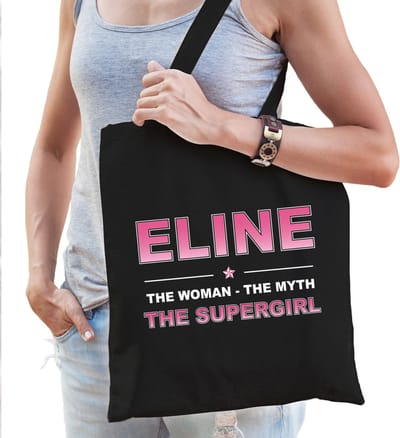 Naam cadeau Tasje voor Eline - The woman, The myth the supergirl - katoenen - zwart - verjaardag - moederdag - collega - vriendin