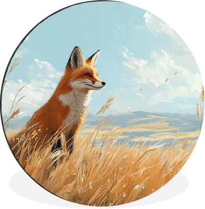 WallCircle - Wandcirkel - Muurcirkel - Vos - Gras - Wolken - Oranje - Aluminium - Dibond - 30x30 cm - Binnen en Buiten