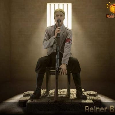 Aanval op Titan: Shingeki no Kyojin Reiner Braun Stoel Scène Figuur Pistool in Mond Houding Anime Verzamelobject Beeldje Speelgoed Leuke Cadeaus with box