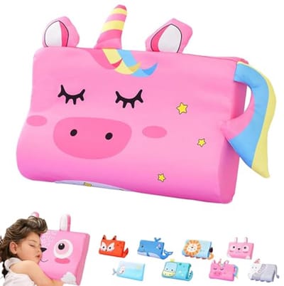 Kinderkussen - Ergonomisch Slaapkussen voor Jongens & Meisjes - Ademend & Zacht - Dierenontwerp: Eenhoorn - 45x27x6 cm - Ondersteunt Nek & Rug - Roze