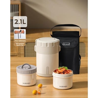 3,2L Thermische lunchbox met isolatie, multifunctionele bentobox van roestvrij staal met meerdere lagen en aparte compartimenten, serviesset 2.1L-3.2L white