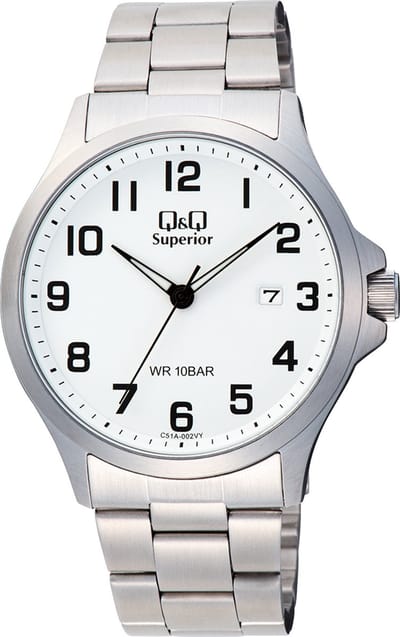 Q&Q C51A-002VY - Horloge - Polshorloge - Analoog - Heren - Mannen - Stalen band - Rond - Metaal - Cijfers - Datumaanduiding - Zilverkleurig - Wit