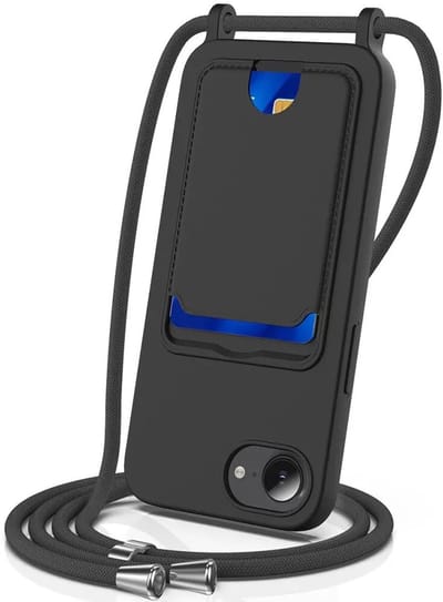 Hoesje met Koord en Pasjeshouder Geschikt voor Apple iPhone 16e / 17e | Back Cover met Crossbody Koord en Kaarthouder | Ideaal voor Festival/Vakantie | Siliconen | Zwart