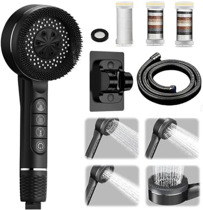 Hogedruk-handdouche – met filter – inclusief doucheslang – 4 standen – waterbesparende handdouche – doucheset voor thuis – 1 douchekop + 1 slang + 3 filters + 1 houder – zwart