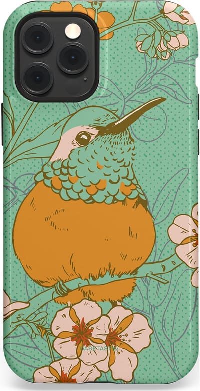 Casetastic hoesje geschikt voor Apple iPhone 12 / Apple iPhone 12 Pro - MagSafe - Dubbellaagse bescherming - Bloesem Kolibrie - Fashion Case - Mintgroen Okergeel Zand