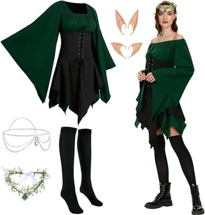 Traditionele Ierse Jurk voor Vrouwen, Middeleeuwse Gothic Kostuums met Elf Oren, Haaraccessoires en Sokken voor Halloween en Carnaval