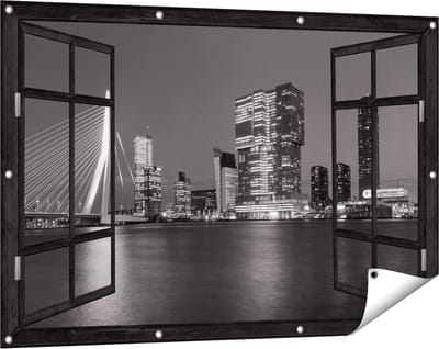 Gards Tuinposter Doorkijk Rotterdamse Skyline - Zwart Wit - 120x80 cm - Tuindoek - Tuindecoratie - Wanddecoratie buiten - Tuinschilderij