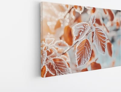 Canvas Schilderij - Herfstbladeren met Rijp - Natuurlijk - Foto op canvas - Wanddecoratie - Muurdecoratie Woonkamer - Modern Interieur - 45x30