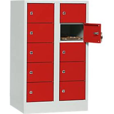 Lockerkast, plaatstaal, deuraanslag rechts, cilinderslot, 10 vakken, B 600 x H 965 mm, lichtgrijs RAL 7035/vuurrood RAL 3000