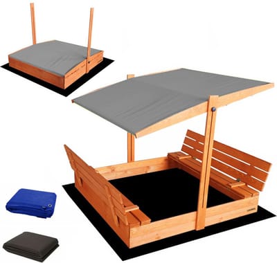 Afsluitbare XL Zandbak met Dak 140x140 cm – Gecertificeerd & Geïmpregneerd Hout | Incl. AFDEKZEIL, GRONDDOEK & Montagevideo | Voor 2-3 Kinderen | Grijs