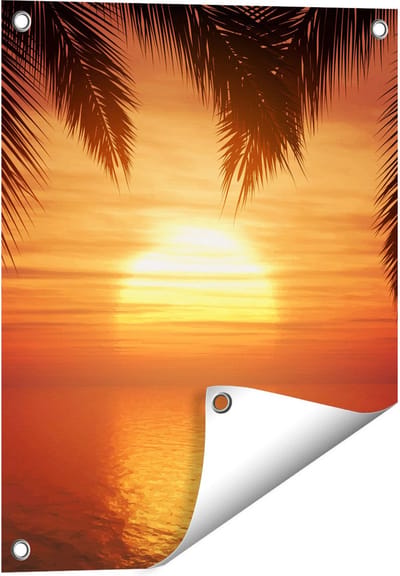 Gards Tuinposter Zonsondergang op het Strand met Palmbomen - 40x50 cm - Tuindoek - Tuindecoratie - Wanddecoratie buiten - Tuinschilderij