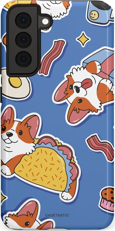 Casetastic Hoesje Geschikt voor Samsung S21 FE - Stijlvolle Beschermende Duo-layer Case - Corgi en Snacks