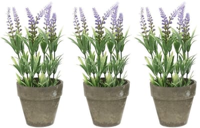 Bellatio Lavendel kunstplant - 4x stuks - lila - 25 cm - in betonlook potje - Kunstplanten - nepplanten