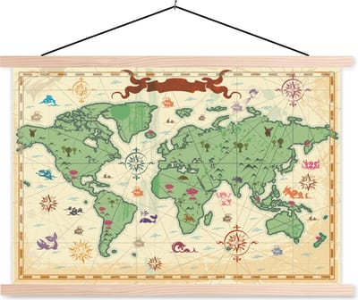 Wereldkaart Schatkaart schoolplaat platte latten blank 150x100 cm - Foto print op textielposter (wanddecoratie woonkamer/slaapkamer)