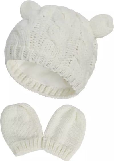 IL BAMBINI - Set Baby gebreide muts ( katoenen voering) met wanten - wolwit - 0/3 maanden